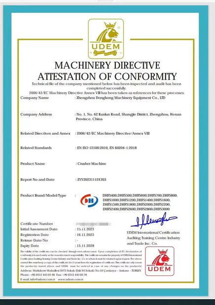 China Zhengzhou Donghong Mechanical Equipment Co., Ltd. Certificações